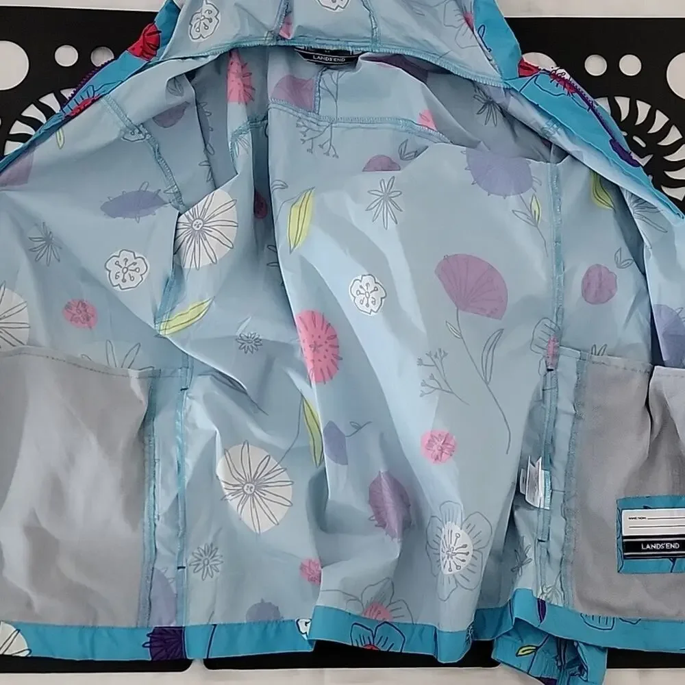 Lands' End Kids Packable Blue‎ Floral Lightweight Windbreaker Jacket M 10-12